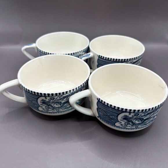 Vintage Currier & Ives Blue and White Teacups with Saucers Set of 4 Royal China - Picture 4 of 5